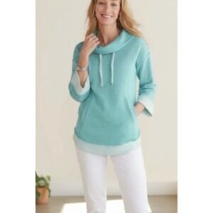 Soft Surroundings Size S NWT‎ Santorini Shores Cowl Neck Sweater Teal Blue Terry